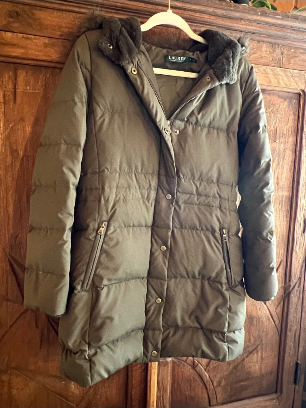 Lauren Ralph Lauren Olive Quilted Down Coat with removable Faux Fur Trim